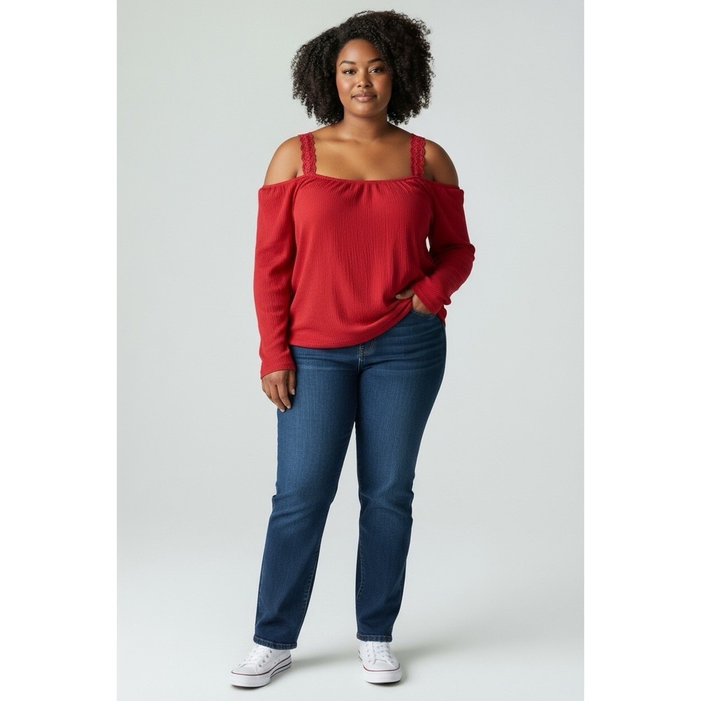 Torrid Georgette Blouse Cold Shoulder, Long‎ Sleeve, Size 2, Red